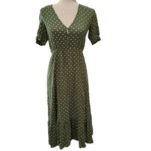 Zara‎ Olive Green And Cream Polka Dot Short Puff Sleeve Midi Dress Size XS